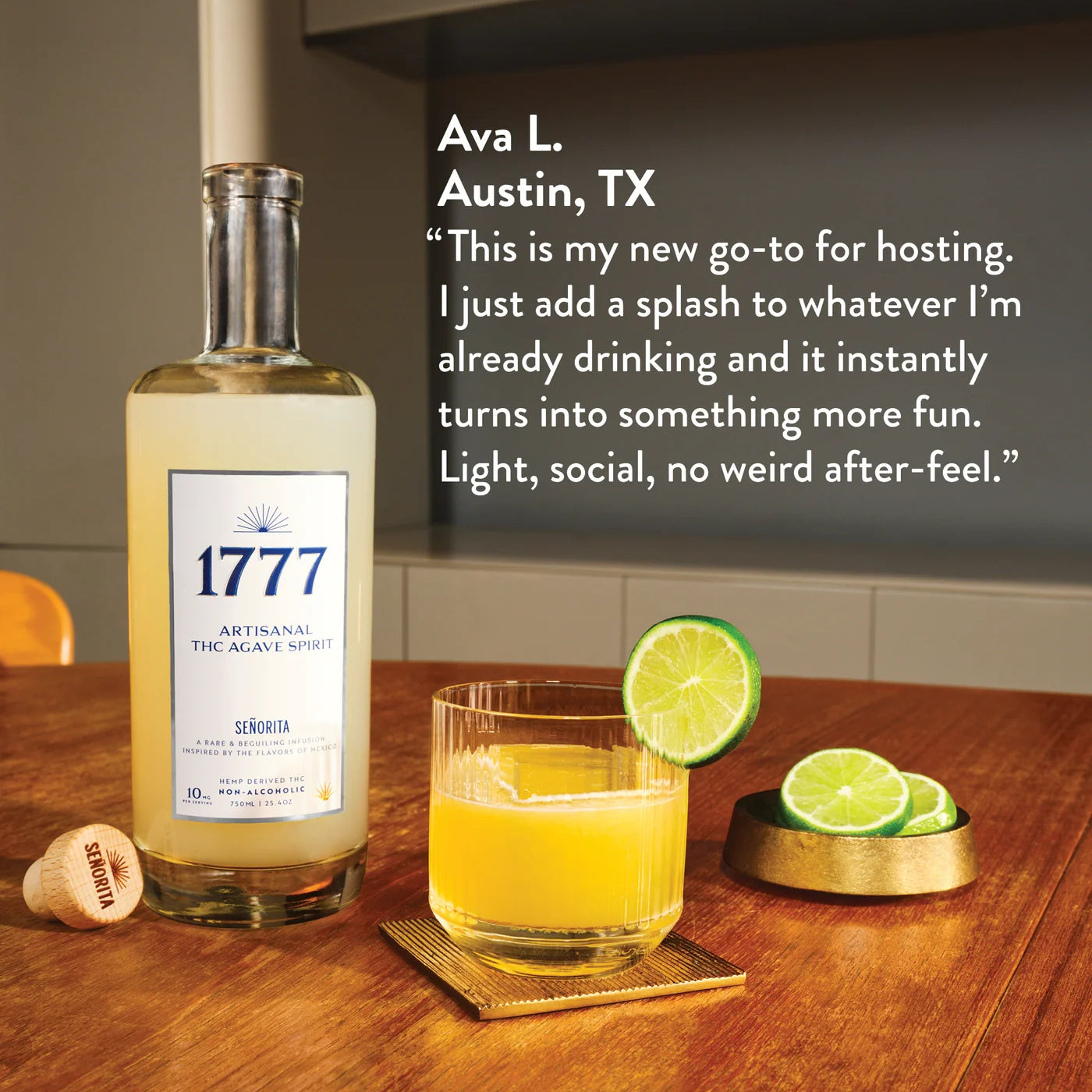 A bottle of 1777 Artesanal Spiced Rum Cocktail Sour stands on a wooden table beside a glass of orange drink with lime slices, with a customer testimonial overlay from Ava L. Austin, TX.