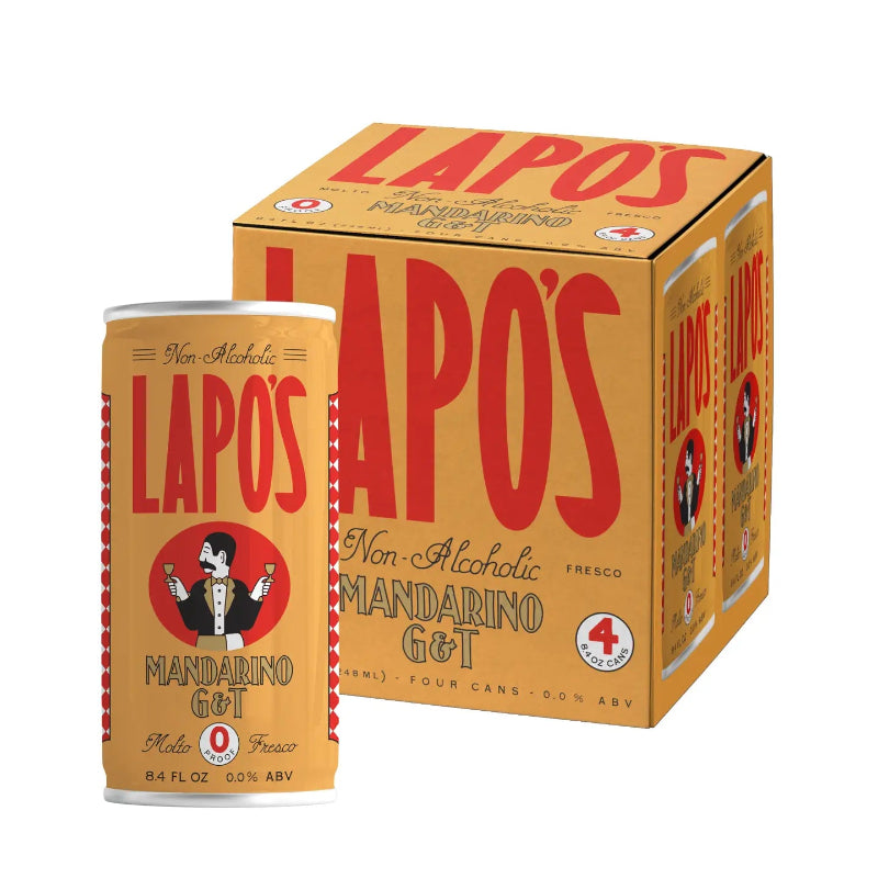Lapos non-alcoholic mandarino G&T cans and box on a white background