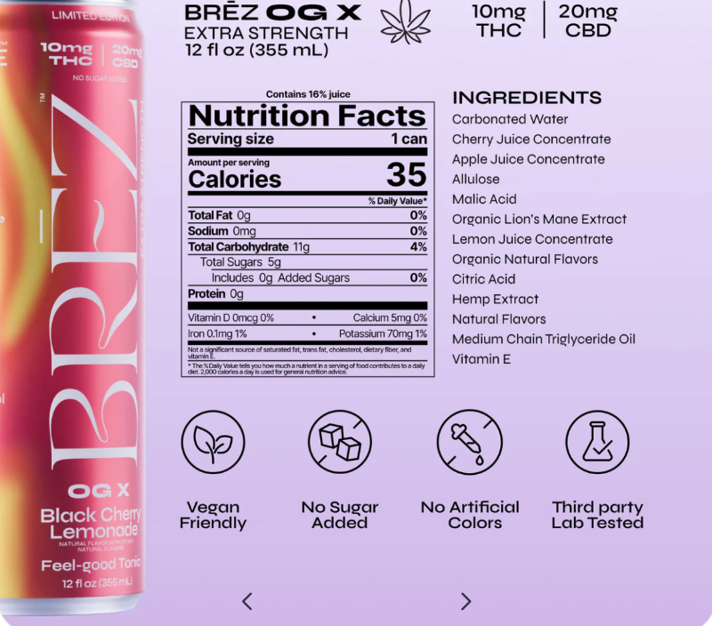 A can of Bréz OQ X Extra Strength Black Cherry juice on a light lavender background with product details, nutrition facts, ingredients, and feature icons printed beside it.