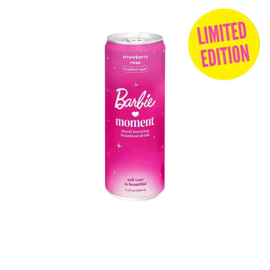 Barbie Moment drink can on a pink background with 'Limited Edition' label