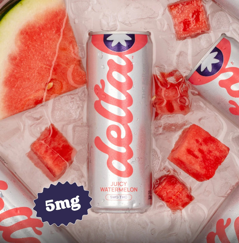 Cans of Delta8 THC product with watermelon slices and ice cubes on a white background