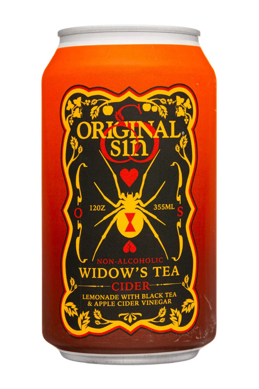 Can of Original Sin Widow's Tea Cider with spider design on an orange background
