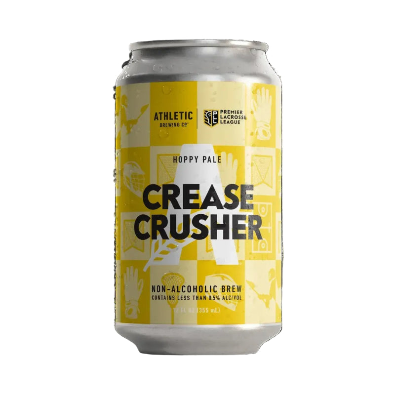 Can of 'Crease Crusher' non-alcoholic brew with yellow and white label on a white background