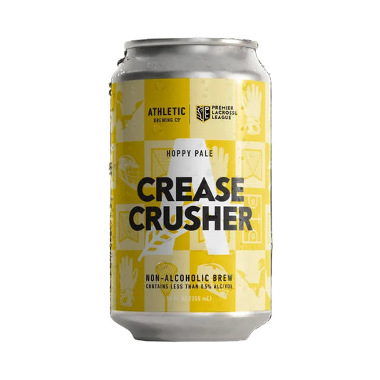 Can of 'Crease Crusher' non-alcoholic brew with yellow and white label on a white background