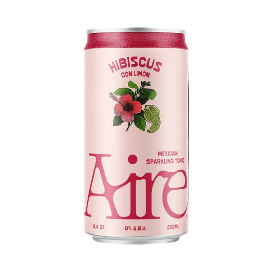 Pink can of Aire Hibiscus con Limon Mexican Sparkling Tonik on a white background