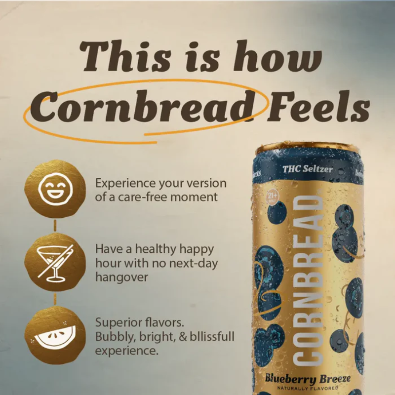 Can of Cornbread THC Seltzer with promotional text on a beige background