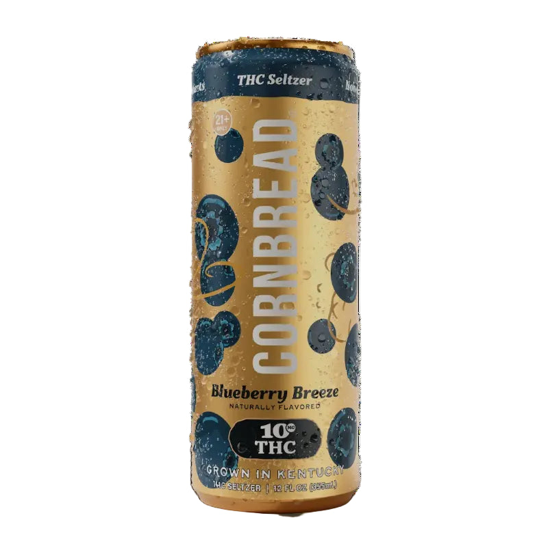Cornbread THC Seltzer Blueberry Breeze can on a white background