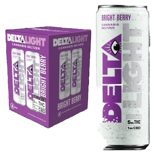 Delta Light cannabis seltzer packaging with a purple box and white can on a white background