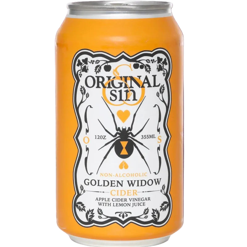 Can of Original Sin Golden Widow Cider on a purple background