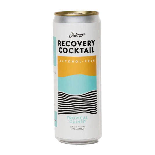Alcohol-free 'Recovery Cocktail' can with colorful label on a white background