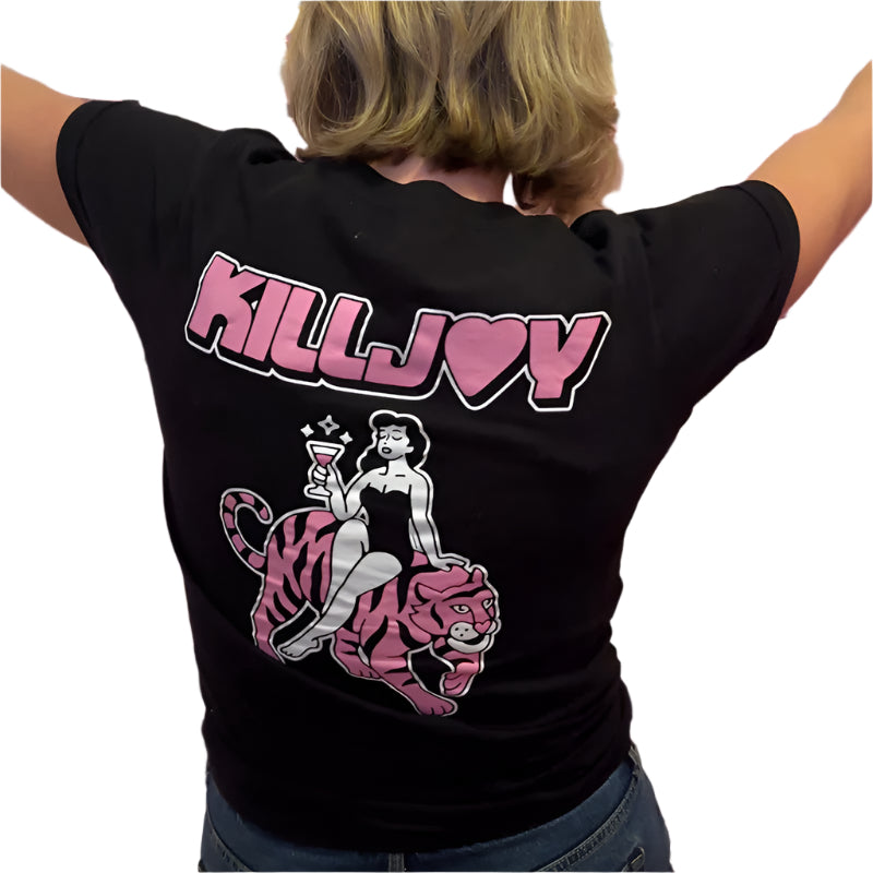Killjoy Logo Tee - Killjoy Tiger Logo in White and Pink. T-shirt is black.