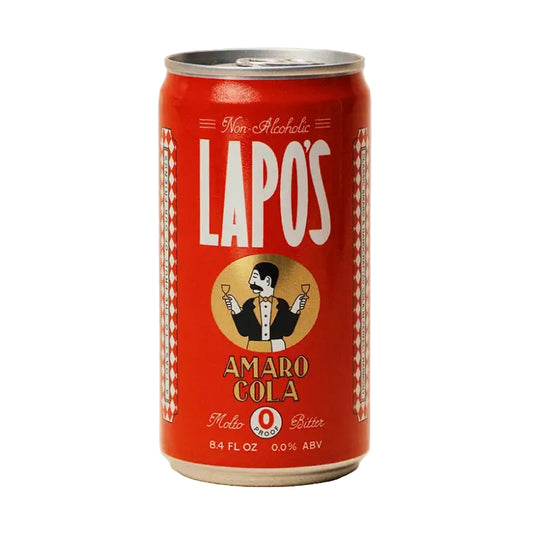 Red can of Lapo's Amaro Cola on a light gray background