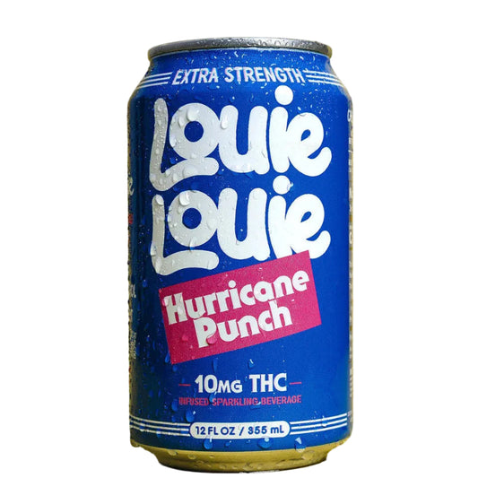 Blue can of Louie Louie Hurricane Punch with THC label on a yellow background