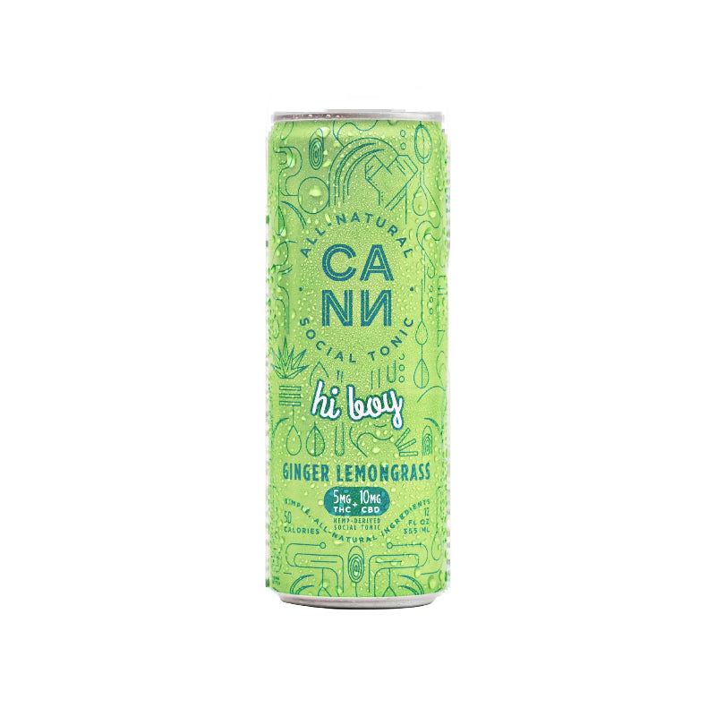 A 16 oz aluminum can of Cann Social Tonic Hi Boy Ginger Lemongrass non-alcoholic beverage, featuring a bright lime green background with teal and white illustrations and text, set against a plain white background.