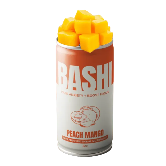 A promotional graphic for a can of BASHL Peach Mango energy drink on a warm terracotta background. The can is white and peach with yellow mango chunks spilling out from the top.