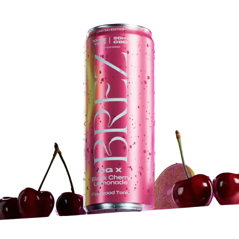 A pink BREVI can with droplets, centered on a pink background with cherries and promotional text including 'Limited Time', '10mg THC | 20mg CBD', and 'Euphoric Social Calm Clear'.
