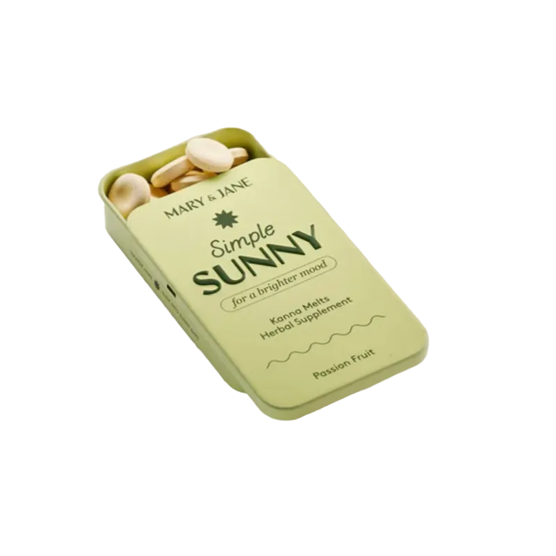 A mint green metal tin of Mary & Jane Simple Sunny passion fruit kanna matte herbal supplement, shown open with the capsules visible, on a clean white background.