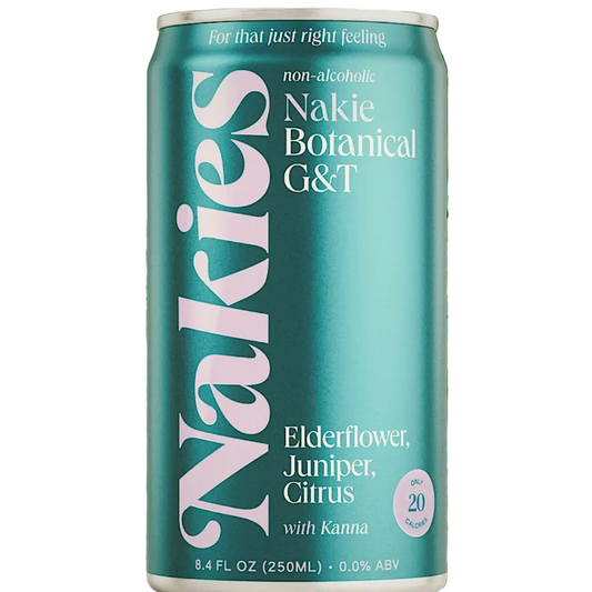 A teal can of Nakies non-alcoholic botanical G&T drink, featuring white text, set against a blurred background of green pine branches with small blue berries.