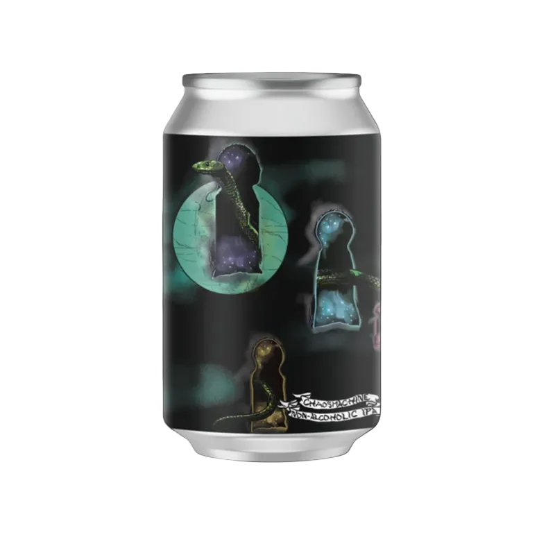 A slim aluminum beverage can with a black label featuring surreal illustrated figures and glowing circular motifs, centered on a solid black background.