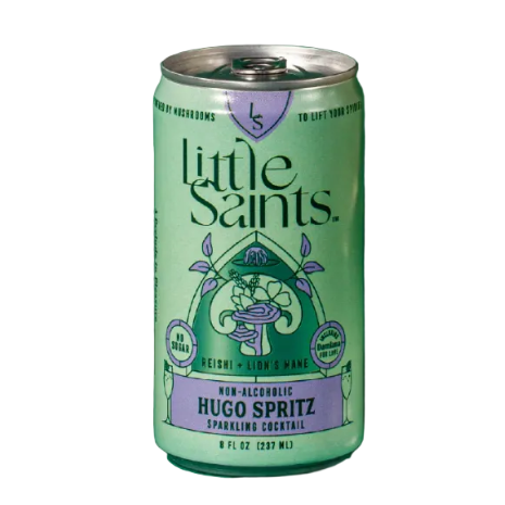 A single can of Little Saints Hugo Spritz sparkling beverage centered on a dark green arched backdrop with a cream border and small decorative corner motifs.