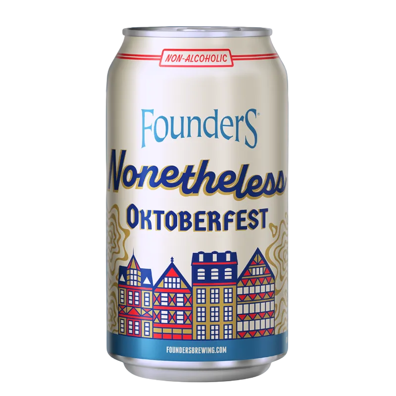 A single can of Founder's Nonetheless Oktoberfest non-alcoholic beer centered on a blue background with stylized building illustrations along the sides.