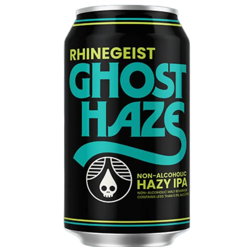 A single can of Rhinegeist Ghost Haze non-alcoholic hazy IPA beer on a white background, with a dark blue vertical strip visible on the right edge.