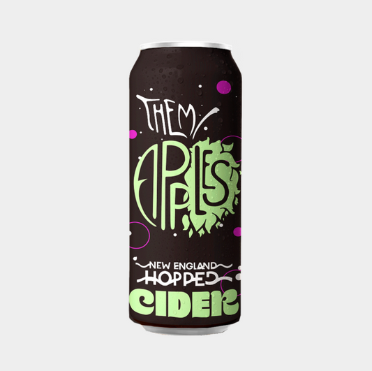 A single aluminum can of cider on a light gray background. The can is dark brown with lime green and white text reading 'THEY APPLIES NEW ENGLAND HOPPED CIDER,' plus small purple accents.