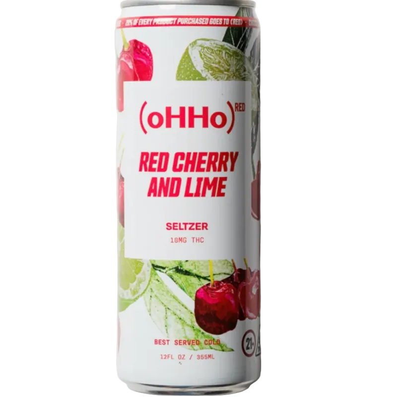 A 12 fl oz can of (oHHo) Red Cherry and Lime Seltzer, featuring a white label with red text and illustrations of cherries and lime slices, set against a plain light gray background.