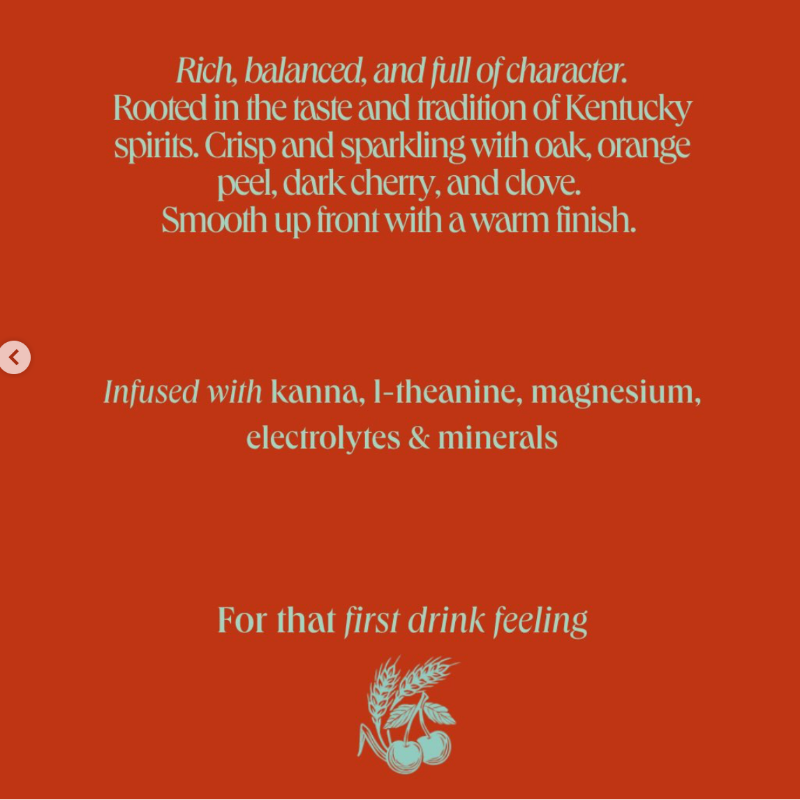 A text-heavy promotional graphic on a warm rust-orange background, describing a whiskey or spirit as rich, balanced, and full of character, with additional copy about flavor notes and ingredients. A small pale blue wheat-and-cherries icon appears near the bottom.
