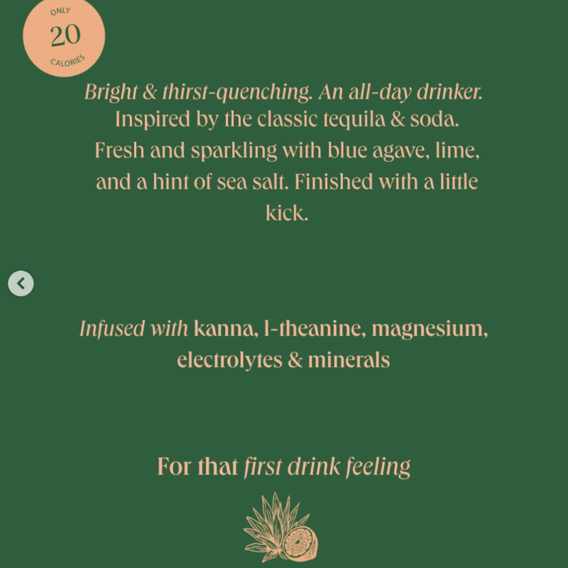 A dark green informational graphic for a beverage, featuring descriptive text in a light beige serif font and a small circular badge in the top left that reads 'only 20 calories'.