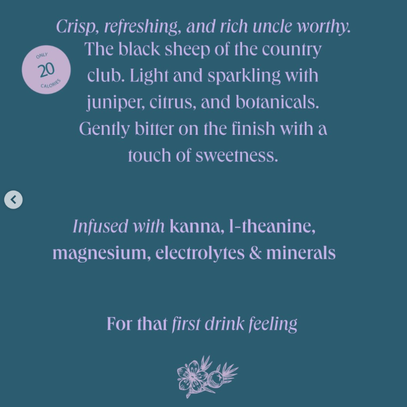 A dark teal graphic card with white and light purple text describing a citrus-forward herbal tea. It features a small circular badge on the left that reads 'only 20 calories' and a small floral illustration at the bottom.