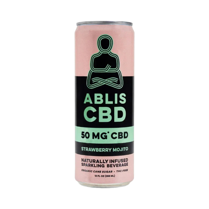 A 16 fl oz can of Ablis CBD Strawberry Mojito sparkling beverage, featuring a pink and black label with a green meditating figure logo and '50 MG' CBD' text, on a white background.