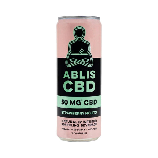 A 16 fl oz can of Ablis CBD Strawberry Mojito sparkling beverage, featuring a pink and black label with a green meditating figure logo and '50 MG' CBD' text, on a white background.