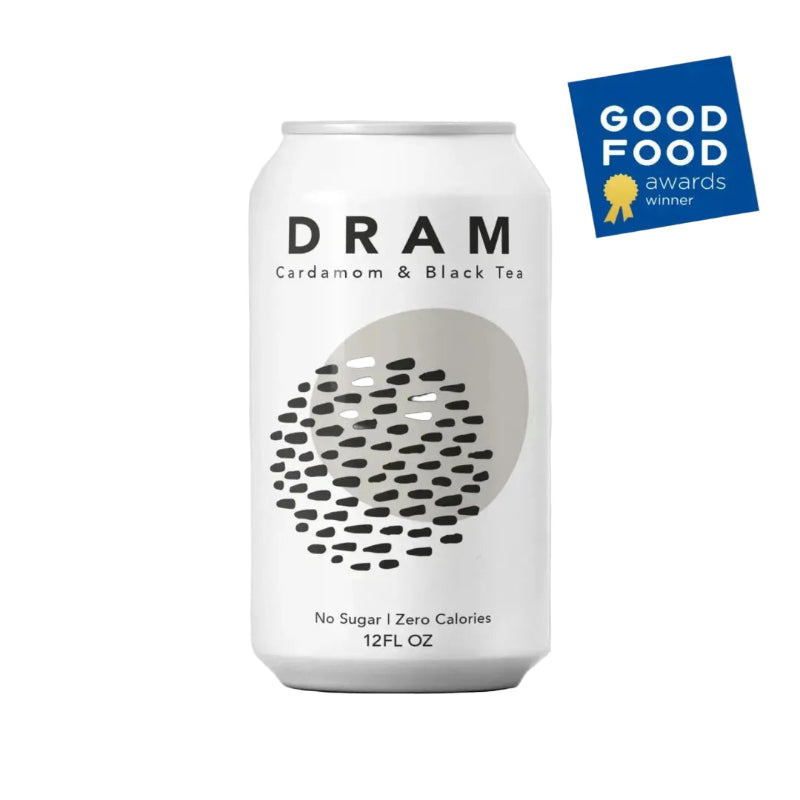 Dram Cardamom & Black Tea can with Good Food Awards badge on a light gray background