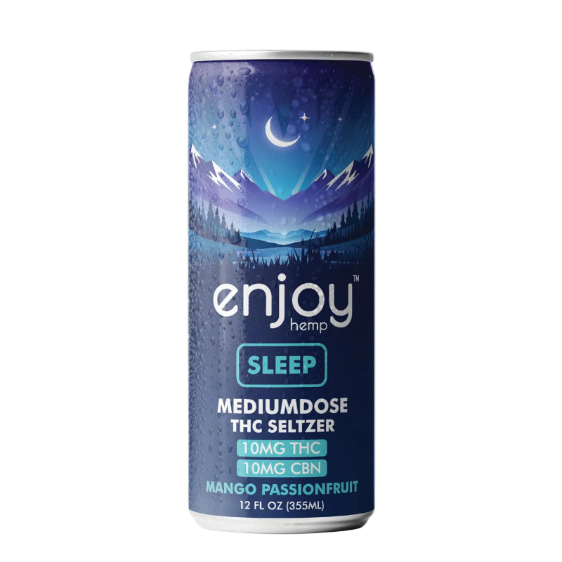 Canned drink with 'enjoy hemp' branding on a white background