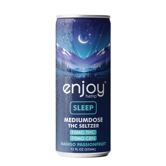 Canned drink with 'enjoy hemp' branding on a white background