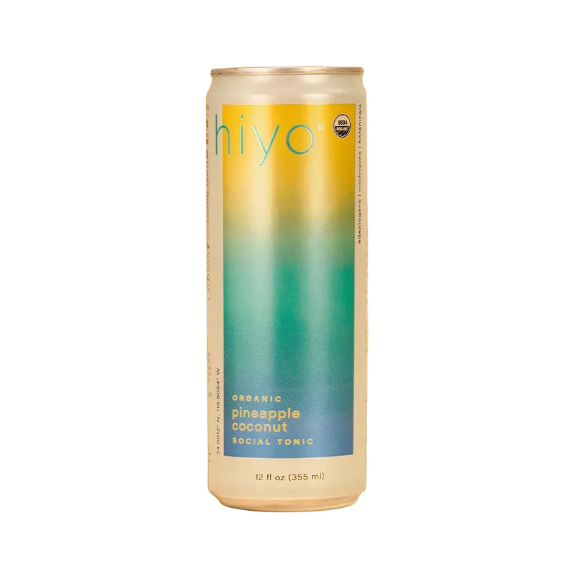 Hiyo can with a gradient label on a beige background