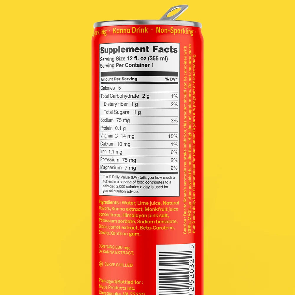 A red beverage can shown from the back with a large Supplement Facts label, photographed on a solid yellow background.